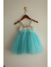 Ivory Satin Turquoise Tulle Beaded Tutu Flower Girl Dress